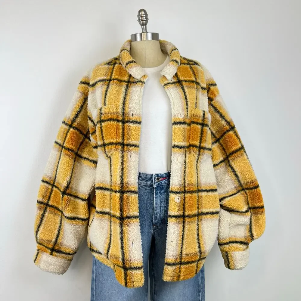 Sincerely Jules For Bandier Aspen Sherpa Jacket in Amber Plaid Shacket (Sz L) - Picture 10 of 11